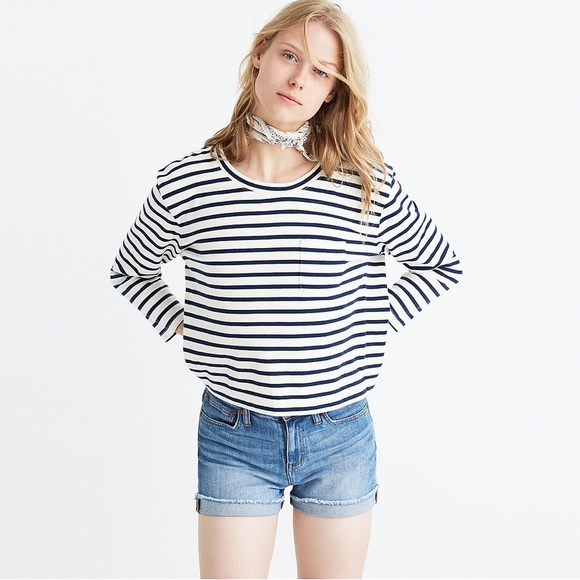 Madewell Sweaters - Madewell Long-Sleeve Crop Tee in Linden Navy/White Stripe Nautical Size Small